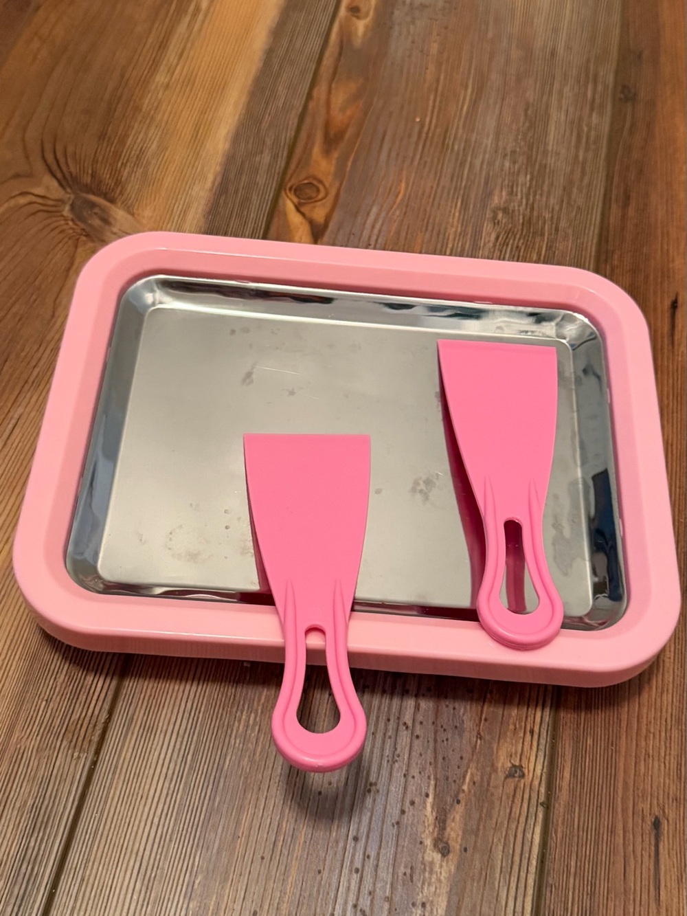 Pink Rolled ice cream Prep Tray with Stainless top and Scrapers, freezable tray